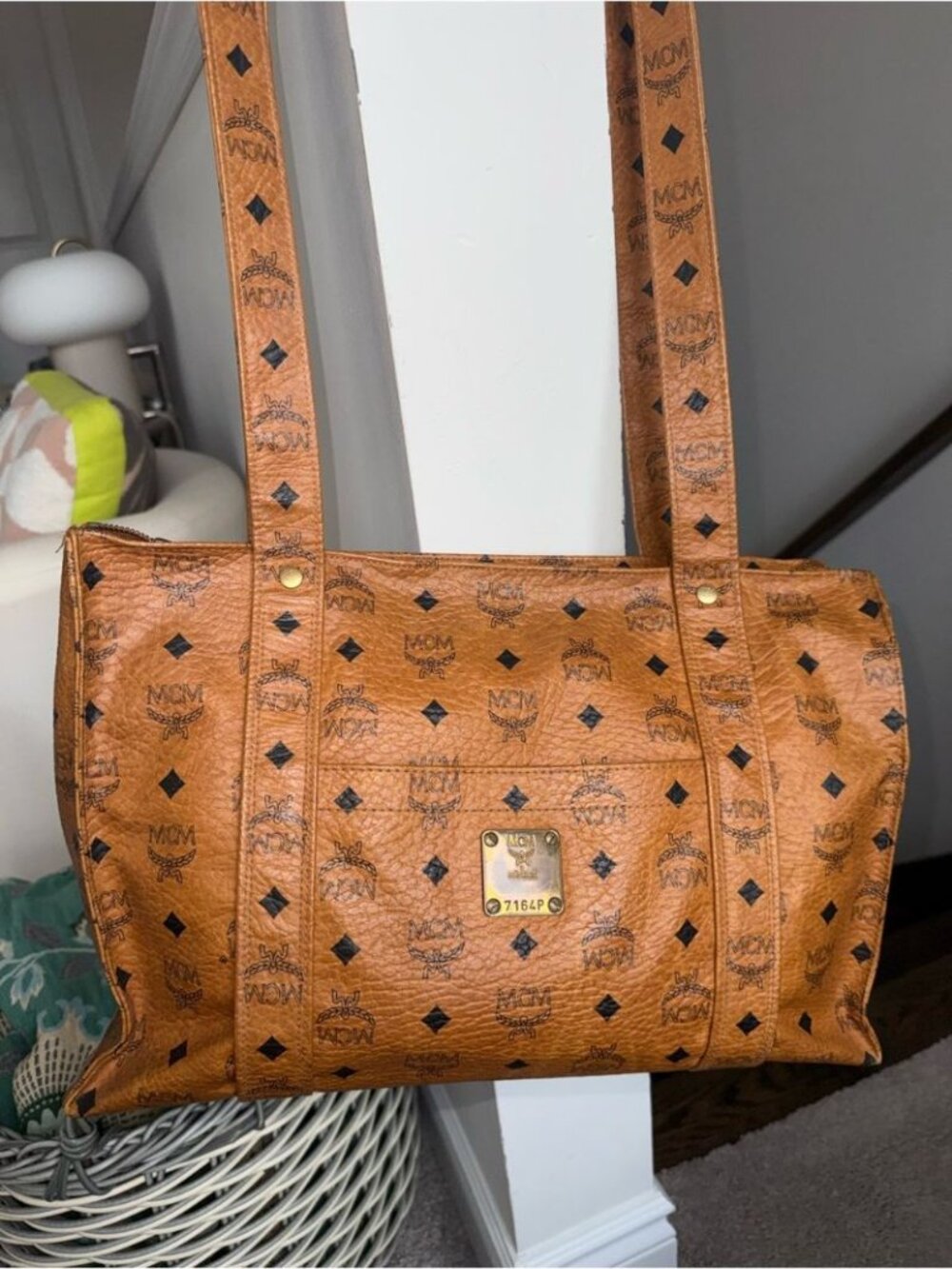 MCM Cognac Large Monogram Logo-Print Leather Shoulder Bag Tote Travel - Picture 2 of 9